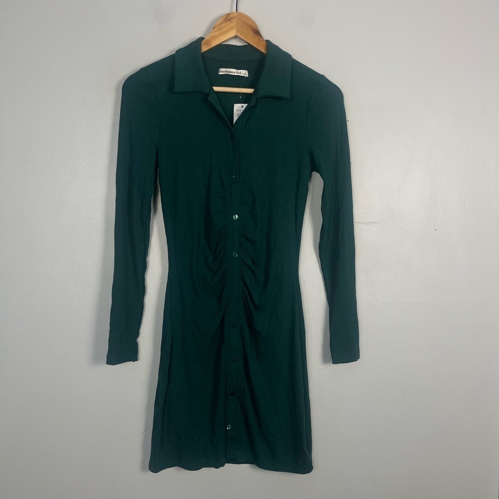 Abercrombie & fitch green ruched button down long sleeve mini dress size small